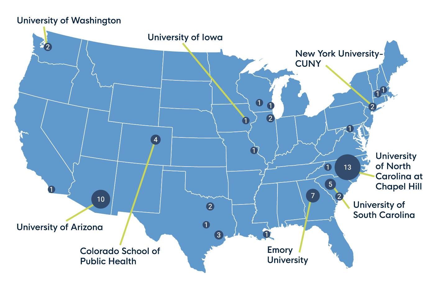 A map of the USA showing where Scholars reside and how many live there.